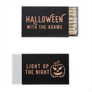 Illuminate your Halloween with the Light Up the Halloween Night Matchbox. One side showcases an eerie pumpkin graphic and the words "Light up the Night," sparking festive thrills. The reverse says "Halloween," with room for personalization—perfect for setting the mood at your spooky gathering! 