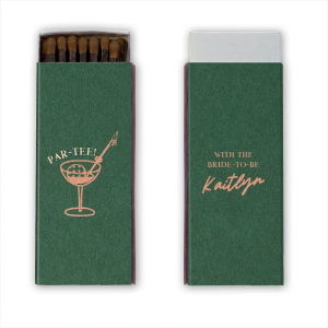 Create a lasting memento with the Par-Tee Bridal Shower Matchbox from our Country Club collection! The sleek and stylish design is perfect for summertime bridal showers or other outdoorsy events. Featuring customizable choice of text and colors, you're able to best match your unique taste with this one of a kind personalized item.