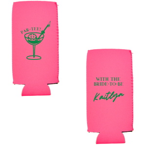 Create a lasting memento with the Par-Tee Bridal Shower Can Cooler from our Country Club collection! The sleek and stylish design is perfect for summertime bridal showers or other outdoorsy events. Featuring customizable choice of text and colors, you're able to best match your unique taste with this one of a kind personalized party item.