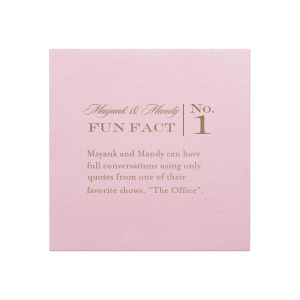 Spark curiosity at your celebration with the Classic Fun Fact Napkin artfully pairing your names in whimsical script with a numbered series of engaging facts. These napkins unfold your story, inviting guests to connect over shared discoveries.