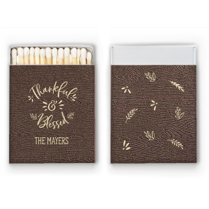 Celebrate the season of gratitude with the Thankful and Blessed Matchbox. The front features an exuberant declaration of “Thankful and Blessed,” along with your family name, capturing genuine joy. The reverse showcases autumnal leaves, embodying the warmth and thankfulness of the fall season.