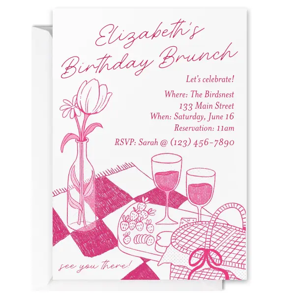 Make a colorful impression with the Birthday Brunch Invitation. Featuring hand drawn artwork of a springtime picnic outing, the invitation is perfect for birthdays, bridal showers, housewarming and other such occasions. with easy customization options you are able to create a bespoke and welcoming invitation. 