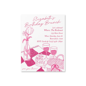 Make a colorful impression with the Birthday Brunch Invitation. Featuring hand drawn artwork of a springtime picnic outing, the invitation is perfect for birthdays, bridal showers, housewarming and other such occasions. with easy customization options you are able to create a bespoke and welcoming invitation. 