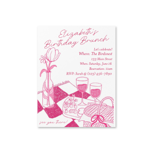 Make a colorful impression with the Birthday Brunch Invitation. Featuring hand drawn artwork of a springtime picnic outing, the invitation is perfect for birthdays, bridal showers, housewarming and other such occasions. with easy customization options you are able to create a bespoke and welcoming invitation. 