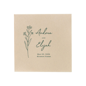Embrace nature's charm with the Wildflower Couple Napkin, featuring a delicate wildflower stalk alongside the couple's names in a simple, organic script. The event date and location are subtly included, making this napkin ideal for celebrations that revel in the beauty of the outdoors and natural elegance.