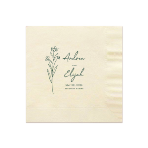 Embrace nature's charm with the Wildflower Couple Napkin, featuring a delicate wildflower stalk alongside the couple's names in a simple, organic script. The event date and location are subtly included, making this napkin ideal for celebrations that revel in the beauty of the outdoors and natural elegance.
