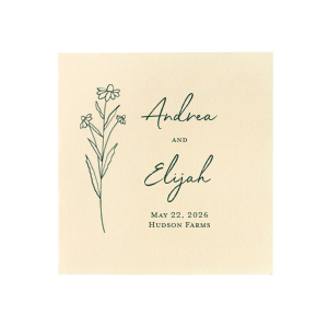Embrace nature's charm with the Wildflower Couple Napkin, featuring a delicate wildflower stalk alongside the couple's names in a simple, organic script. The event date and location are subtly included, making this napkin ideal for celebrations that revel in the beauty of the outdoors and natural elegance.