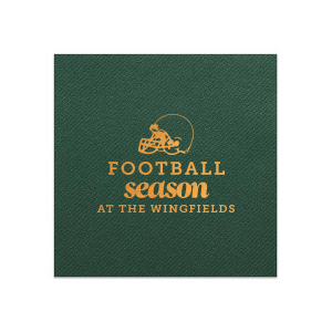 Our custom Hunter Green Linen Like Cocktail Napkin with Shiny Copper Foil has a Helmet graphic and is good for use in Sports themed parties and will make your guests swoon. Personalize your party's theme today.