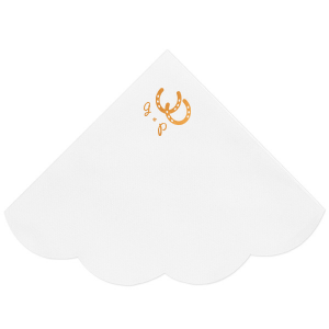Giddy up with the Horseshoe Initials Scallop Luncheon Napkin at your next party event! the Southwestern design is perfect for country and outdoor engagements, with the scalloped napkins feature the couple's initials along with a pair of lucky horseshoes. Showcase your style in every detail of your party's theme!