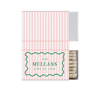 Create a sweet memento with the Candy Stripe Full Color Matchbox! This design evokes the joy of candy shops, beach strolls and boardwalk games. The full color matchbox is customizable in your choice of colors alongside customizable text to fully personalize your unique design. Perfect for weddings, engagements or home entertainment!