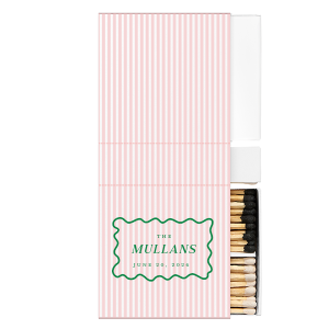 Create a sweet memento with the Candy Stripe Full Color Matchbox! This design evokes the joy of candy shops, beach strolls and boardwalk games. The full color matchbox is customizable in your choice of colors alongside customizable text to fully personalize your unique design. Perfect for weddings, engagements or home entertainment!