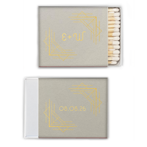 Sleek and sophisticated, the Deco Delight Matchbox features geometric Art Deco elegance. Two corners of a square artistically frame the couple’s initials, creating an alluring optical effect. The back mirrors this design, encapsulating the event date within the same sophisticated deco frame. 