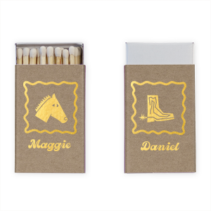 Kick off good times with the Boot Scootin' Matchbox. Perfect for evoking a southwestern hootenanny, the stylish matches are customizable in your choice of colors to best fit your summer time occassions. Order them for your next bridal shower, weekend get away or housewarming party!