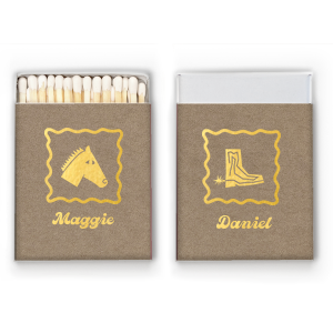 Kick off good times with the Boot Scootin' Matchbox. Perfect for evoking a southwestern hootenanny, the stylish matches are customizable in your choice of colors to best fit your summer time occassions. Order them for your next bridal shower, weekend get away or housewarming party!