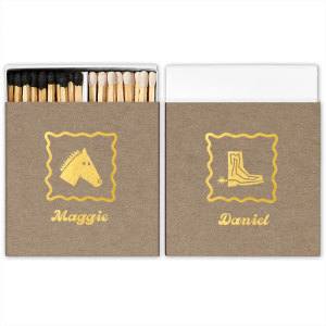 Kick off good times with the Boot Scootin' Matchbox. Perfect for evoking a southwestern hootenanny, the stylish matches are customizable in your choice of colors to best fit your summer time occassions. Order them for your next bridal shower, weekend get away or housewarming party!
