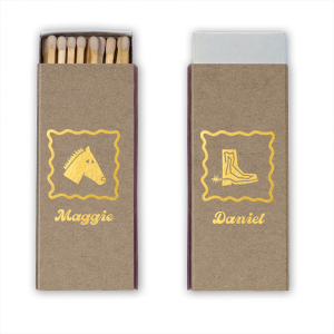 Kick off good times with the Boot Scootin' Matchbox. Perfect for evoking a southwestern hootenanny, the stylish matches are customizable in your choice of colors to best fit your summer time occassions. Order them for your next bridal shower, weekend get away or housewarming party!