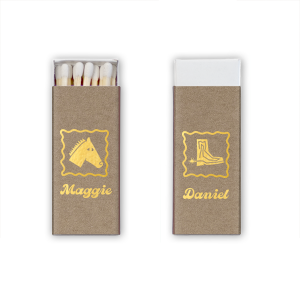 Kick off good times with the Boot Scootin' Matchbox. Perfect for evoking a southwestern hootenanny, the stylish matches are customizable in your choice of colors to best fit your summer time occassions. Order them for your next bridal shower, weekend get away or housewarming party!