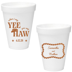 Have your next hoedown covered with the Yee Haw Cup from For Your Party! Customize the design with your choice of ink colors and cup styles to best match your event's vibes. Perfect for summertime cookouts, engagements of bachelor & bachelorette parties