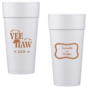 Have your next hoedown covered with the Yee Haw Cup from For Your Party! Customize the design with your choice of ink colors and cup styles to best match your event's vibes. Perfect for summertime cookouts, engagements of bachelor & bachelorette parties