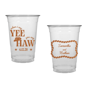 Have your next hoedown covered with the Yee Haw Cup from For Your Party! Customize the design with your choice of ink colors and cup styles to best match your event's vibes. Perfect for summertime cookouts, engagements of bachelor & bachelorette parties