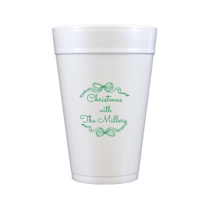 Let seasonal spirits overflow this year with the Holiday Bow Ribbon Cup. The festive design is paired with custom text, perfect for family holiday parties or nearly other festive function. 