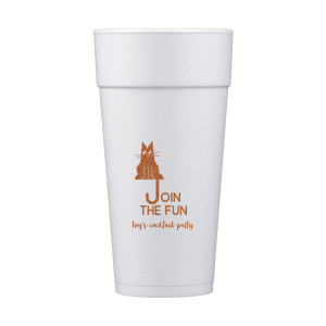 Elevate your home entertaining or birthday bash with the Cat Join the Fun Cup, whimsically illustrated with a cat whose tail creatively forms the letter 'J', helping to spell the phrase "Join the Fun." Below this playful design, add a personal touch by customizing with your name, inviting guests to share in the merriment.