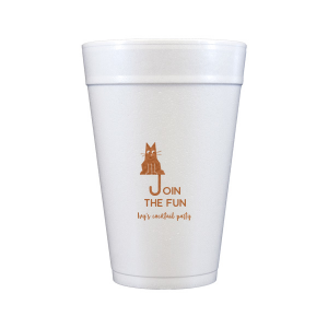 Elevate your home entertaining or birthday bash with the Cat Join the Fun Cup, whimsically illustrated with a cat whose tail creatively forms the letter 'J', helping to spell the phrase "Join the Fun." Below this playful design, add a personal touch by customizing with your name, inviting guests to share in the merriment.