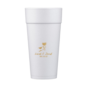 Cheers to love with the Toasting Hands Wedding Cup, adorned with a delightful cartoon hand raising a glass of wine in celebration. Beneath this charming graphic, add a personal touch with the couple's names in a playful script font, followed by the event date in a classic serif. A delightful addition to your wedding day festivities.