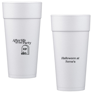 The After Life Of The Party Cup keeps the good times flowing for you Halloween events. Tickle funny bones with this macbre merchandise, your guests are sure to remember the personalized accessory long after the party is dead.  