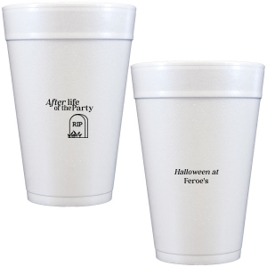 The After Life Of The Party Cup keeps the good times flowing for you Halloween events. Tickle funny bones with this macbre merchandise, your guests are sure to remember the personalized accessory long after the party is dead.  