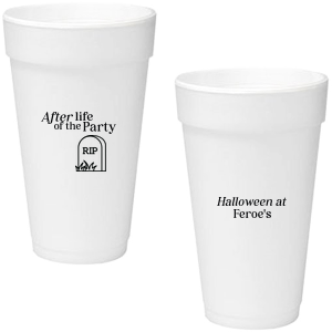 The After Life Of The Party Cup keeps the good times flowing for you Halloween events. Tickle funny bones with this macbre merchandise, your guests are sure to remember the personalized accessory long after the party is dead.  