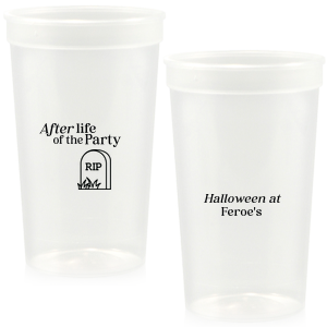The After Life Of The Party Cup keeps the good times flowing for you Halloween events. Tickle funny bones with this macbre merchandise, your guests are sure to remember the personalized accessory long after the party is dead.  