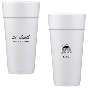 Celebrate Halloween in style with the Til Death Toast Cup. Featuring two skeleton hands cheering, this custom cup is perfect for your ghoulish gathering. Personalize with your name and the date of your event. 