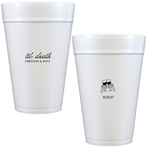 Celebrate Halloween in style with the Til Death Toast Cup. Featuring two skeleton hands cheering, this custom cup is perfect for your ghoulish gathering. Personalize with your name and the date of your event. 