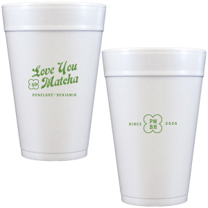 Customize a modern and unique cup for your upcoming event! Featuring text that says Love You so Matcha, you can personalize this cup with the couple's names, initials, and date.