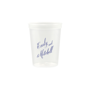 The Fancy Names Cup features elegant, flowing script lettering for a timeless look. Order a set to serve drinks stylishly and give guests a keepsake they will reuse. Refined for wedding receptions or celebratory toasts.