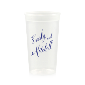 The Fancy Names Cup features elegant, flowing script lettering for a timeless look. Order a set to serve drinks stylishly and give guests a keepsake they will reuse. Refined for wedding receptions or celebratory toasts.