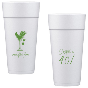 Toast to another fabulous year with the Meowtini Time Birthday Cup, showcasing a whimsical drawing of a cat cozily perched in a martini glass, olives playfully cascading over the rim. Personalize with your name and milestone age to the right of the glass in an elegant script font, inviting a celebratory sip with feline flair.