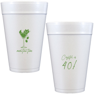 Toast to another fabulous year with the Meowtini Time Birthday Cup, showcasing a whimsical drawing of a cat cozily perched in a martini glass, olives playfully cascading over the rim. Personalize with your name and milestone age to the right of the glass in an elegant script font, inviting a celebratory sip with feline flair.