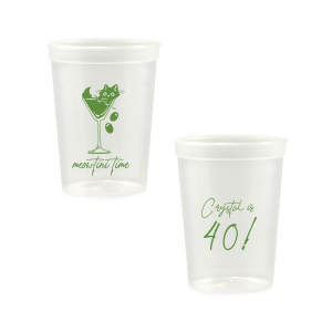 Toast to another fabulous year with the Meowtini Time Birthday Cup, showcasing a whimsical drawing of a cat cozily perched in a martini glass, olives playfully cascading over the rim. Personalize with your name and milestone age to the right of the glass in an elegant script font, inviting a celebratory sip with feline flair.