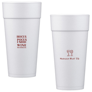 The Hocus Pocus Focus Cup is the ideal custom Halloween party accessory.  Featuring the phrase "hocus pocus I need candy to focus" and a modern and minimal graphic of wine glasses, you can personalize with your name, and the year. This chic Halloween accessory will be a hit at your autumnal events. 