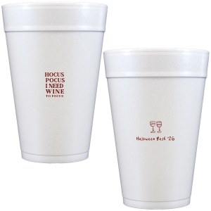 The Hocus Pocus Focus Cup is the ideal custom Halloween party accessory.  Featuring the phrase "hocus pocus I need candy to focus" and a modern and minimal graphic of wine glasses, you can personalize with your name, and the year. This chic Halloween accessory will be a hit at your autumnal events. 