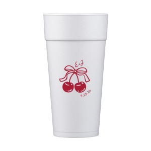 Raise a glass at your next special event with the Cherry Bow Initials Cup! The two cherries are tied together by a bow, reflecting the partnership of you and your sweetheart. Customize the text to make it extra special at your next momentous occasion, be it an engagement, wedding, anniversary or any other celebration of love.