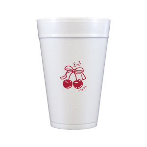 Raise a glass at your next special event with the Cherry Bow Initials Cup! The two cherries are tied together by a bow, reflecting the partnership of you and your sweetheart. Customize the text to make it extra special at your next momentous occasion, be it an engagement, wedding, anniversary or any other celebration of love.
