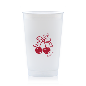 Raise a glass at your next special event with the Cherry Bow Initials Cup! The two cherries are tied together by a bow, reflecting the partnership of you and your sweetheart. Customize the text to make it extra special at your next momentous occasion, be it an engagement, wedding, anniversary or any other celebration of love.