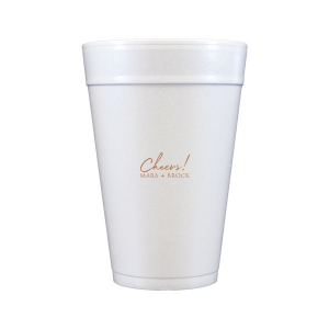 Raise a toast with the Cheers to the Couple Name Cup, where festivity meets elegance. A large, fanciful "Cheers!" in an exuberant script sets the stage for celebration, while the couple's names in bold capitals underscore the personal touch. This frosted cup's simple yet impactful design perfectly encapsulates the spirit of a joyous toast to love and unity.