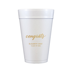 Our beautiful custom Gold Ink 20 oz Styrofoam Cup with Gold Ink Cup Ink Colors has a Congrats graphic and is good for use in Words, Hearts, Wedding themed parties and can be personalized to match your party's exact theme and tempo.