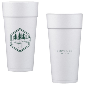 Kick off your lifelong adventure with the Adventure Begins Wedding Cup. Featuring a pine tree-framed hexagon and a playful ribbon announcing "The adventure begins," this design captures the thrill of new beginnings. Perfect for couples ready to explore life together.