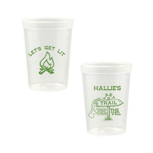 Gather around the bonfire with the Camp Bachelorette Last Trail Cup, featuring a lively campfire graphic paired with the cheeky phrase let's Get Lit, and a trailhead arrow dressed in a veil on the reverse, proclaiming "Last Trail Before the Veil." Customize with the bachelorette's name for a memento that captures the spirit of her final single days in the great outdoors.