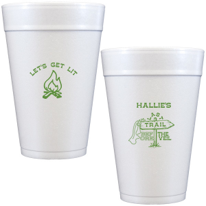 Gather around the bonfire with the Camp Bachelorette Last Trail Cup, featuring a lively campfire graphic paired with the cheeky phrase let's Get Lit, and a trailhead arrow dressed in a veil on the reverse, proclaiming "Last Trail Before the Veil." Customize with the bachelorette's name for a memento that captures the spirit of her final single days in the great outdoors.